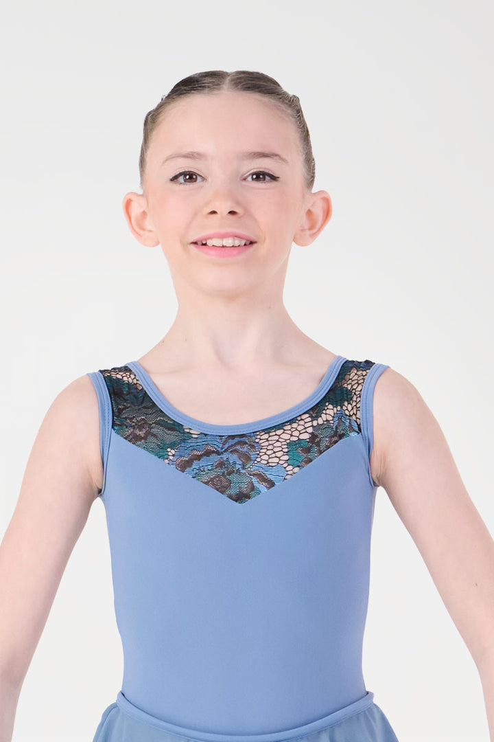 Body per Danza a Canotta con Gonna Corta e Pizzo Harmony colore celeste