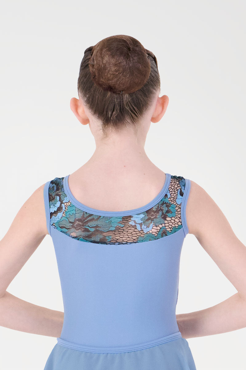 Body per Danza a Canotta con Gonna Corta e Pizzo Harmony colore celeste