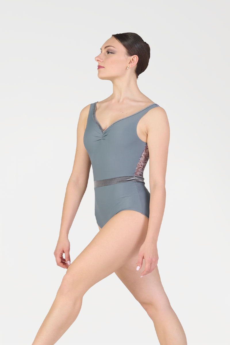 Body per Danza a Canotta con Arricciatura e Inserti in Velluto Harmony colore avion