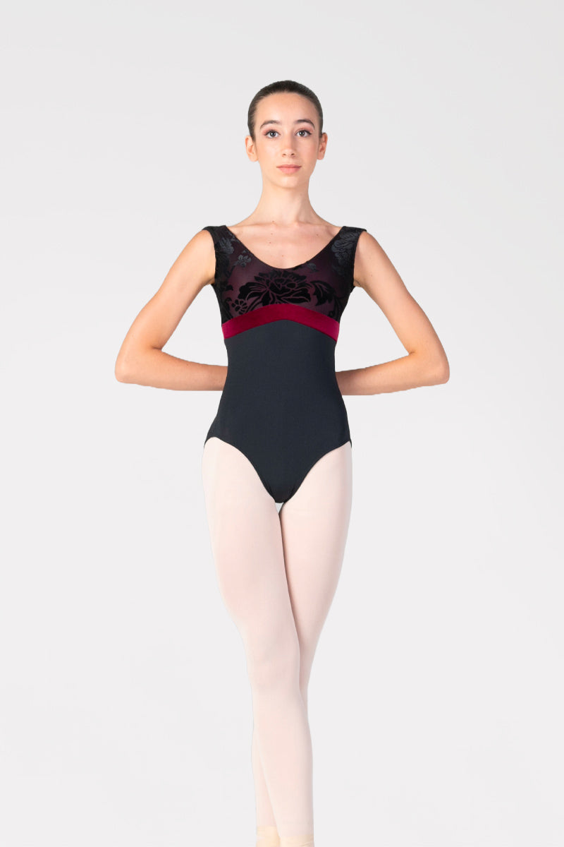 Body per Danza Donna a Canotta con Inserto a Fascia Harmony colore nero/bordeaux