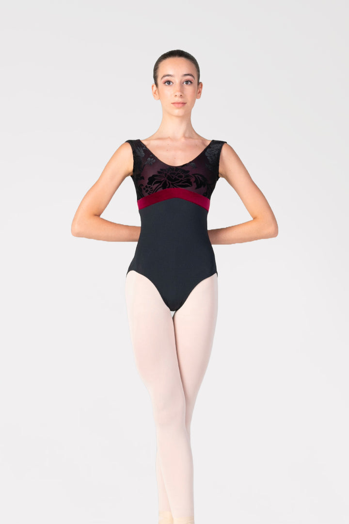 Body per Danza Donna a Canotta con Inserto a Fascia Harmony colore nero/bordeaux