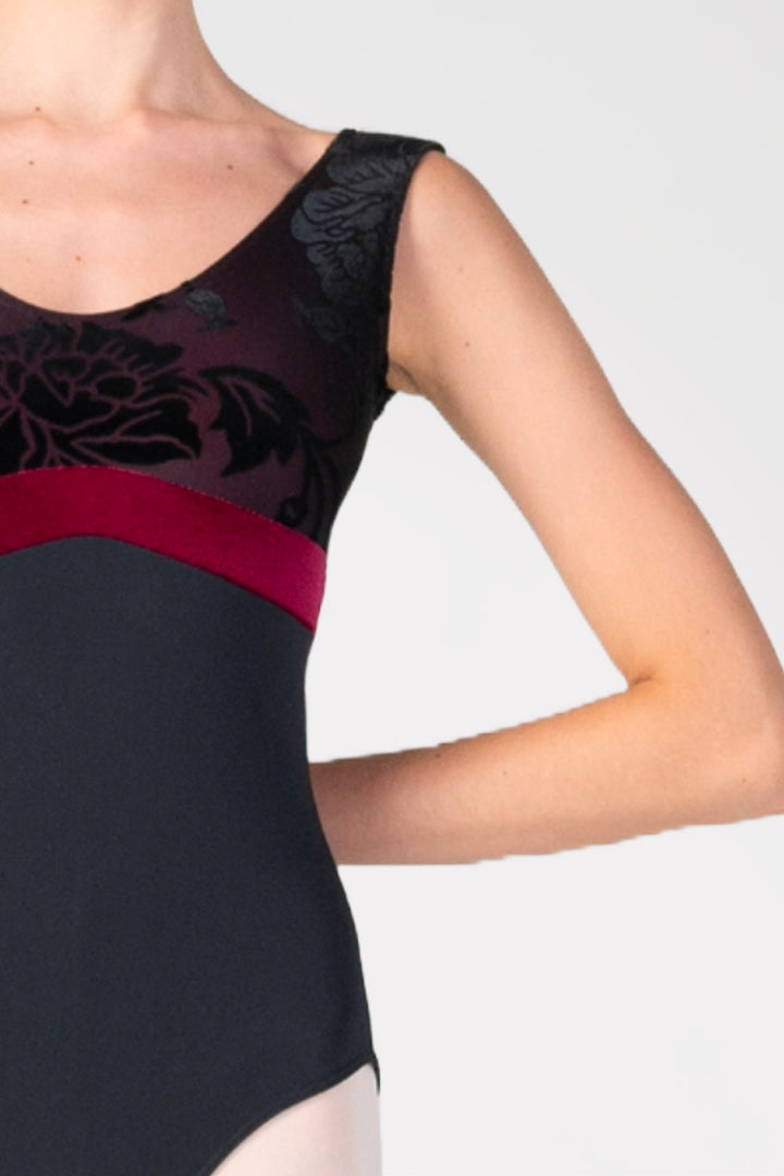 Body per Danza Donna a Canotta con Inserto a Fascia Harmony colore nero/bordeaux