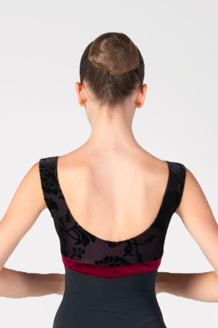 Body per Danza Donna a Canotta con Inserto a Fascia Harmony colore nero/bordeaux