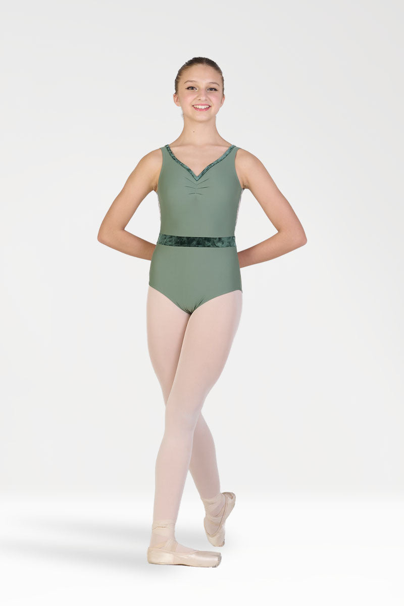Body per Danza a Canotta con Arricciatura e Inserti in Velluto Harmony colore verde