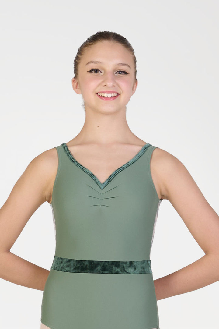 Body per Danza a Canotta con Arricciatura e Inserti in Velluto Harmony colore verde